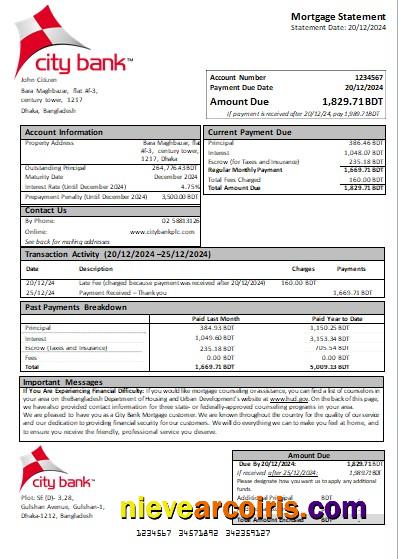 Bangladesh City Bank bank mortgage statement